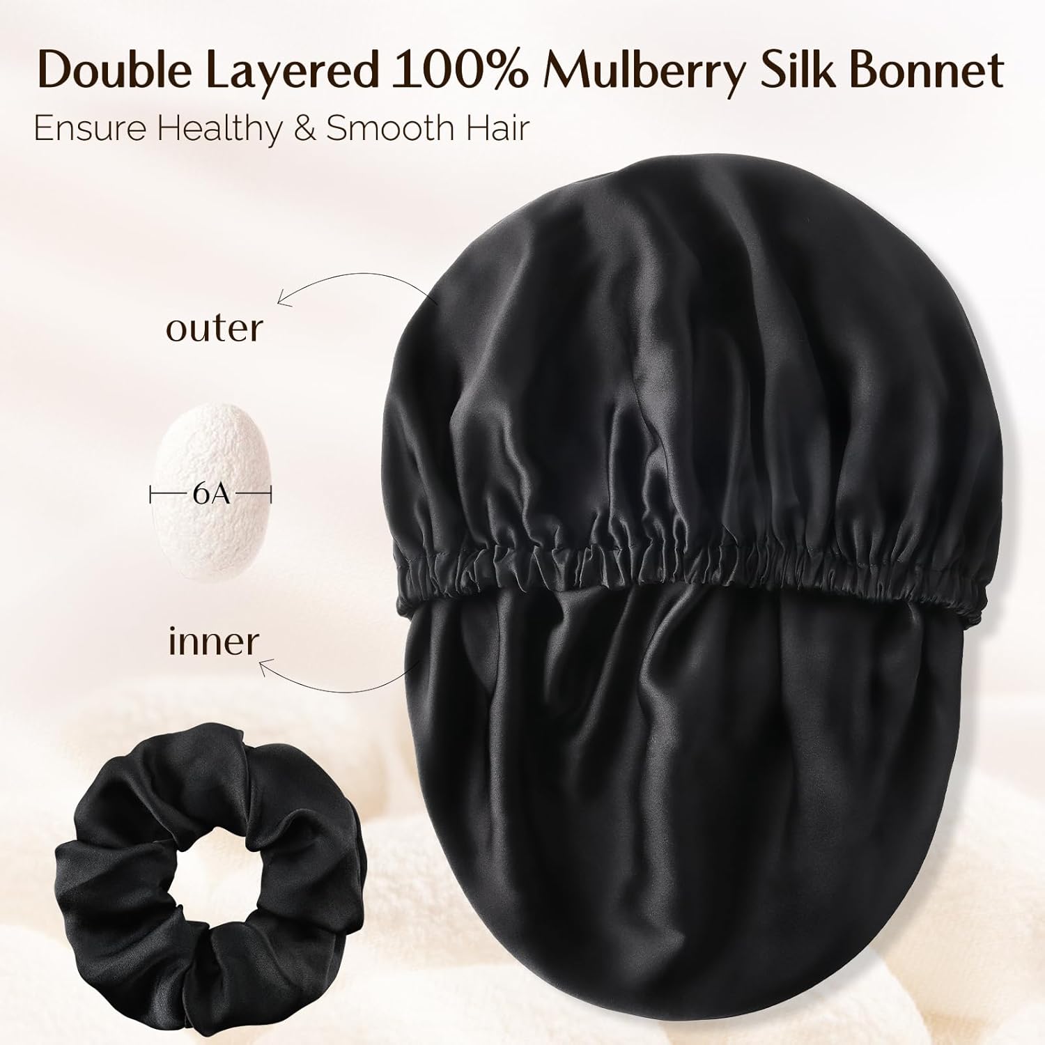 YANIBEST 22 Momme 100% Mulberry Silk Sleep Cap Adjustable Bonnet for Women - Sleeping Cap Hair Bonnet & Scrunchie Large Aa-black