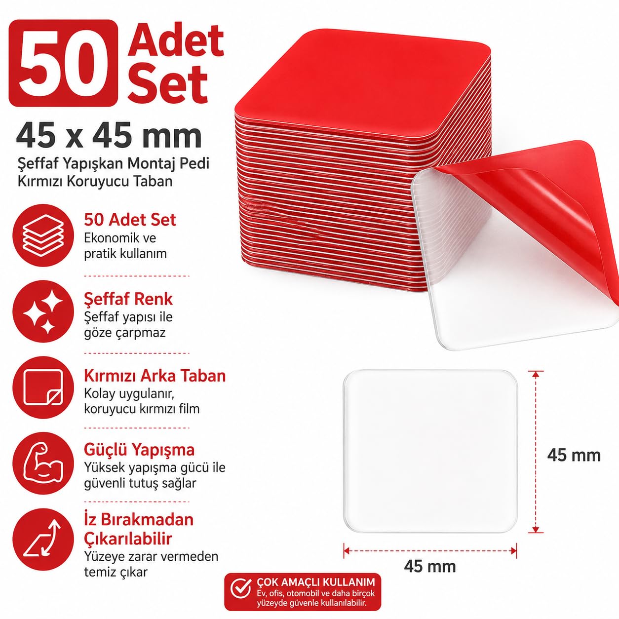 Alper Banyo 50 Adet 45x45 mm Şeffaf Yapışkan Kırmızı Koruyucu Filmli Çift Taraflı Güçlü Yapışkan Bant, İz Bırakmadan Çıkarılabilir Çok Amaçlı Montaj Pedi