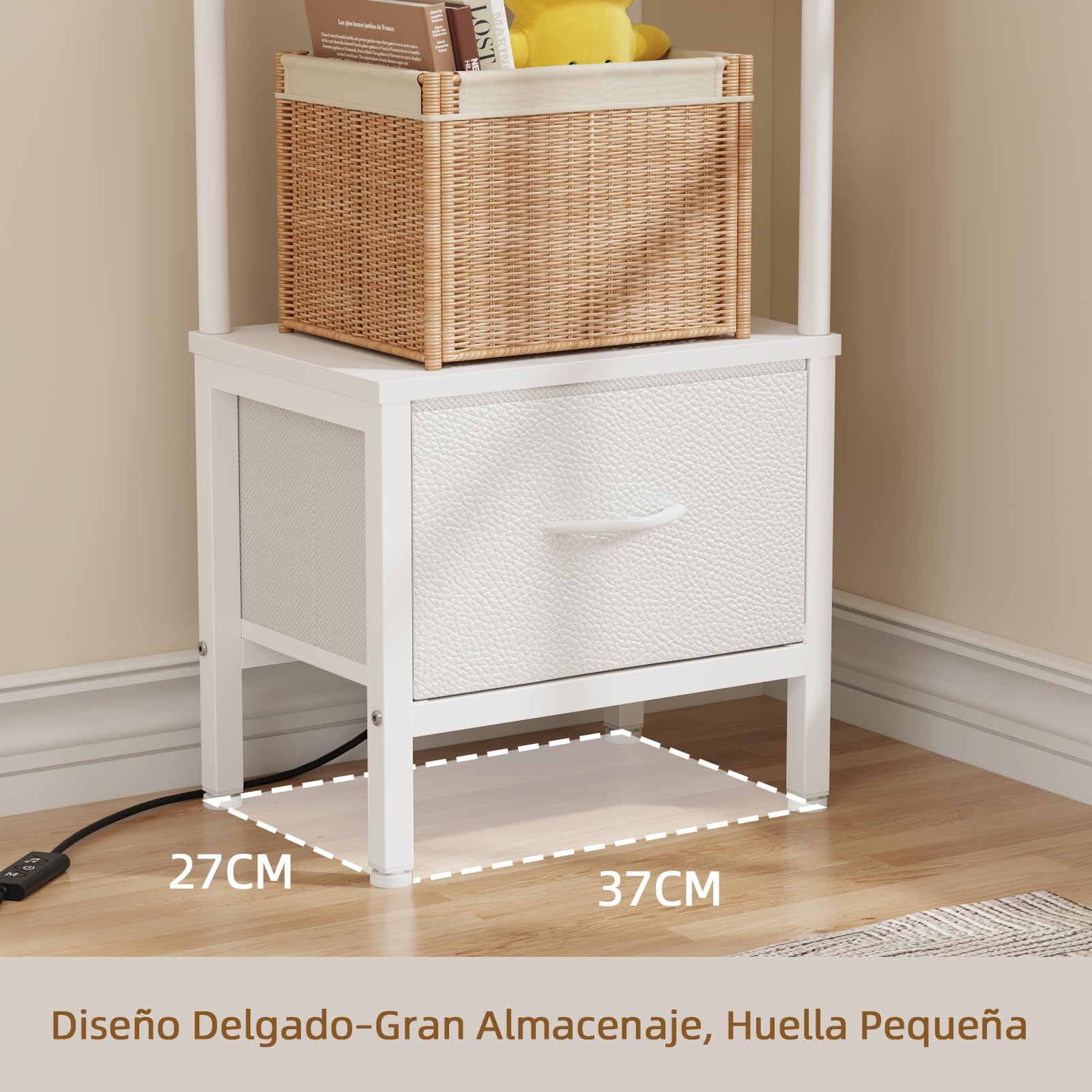 Librería de Esquina con Cajón y Luz LED, Estantería Alta de 6 Baldas (191 cm), Estrecha para Salón o Dormitorio, Cajón de Tela, Blanco
