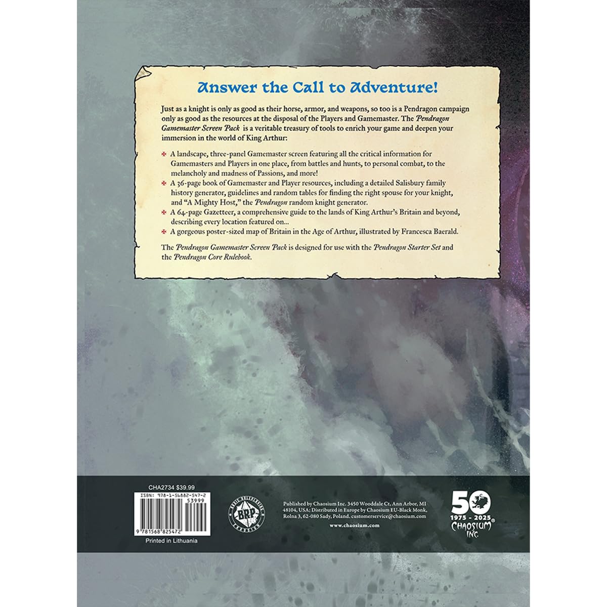 Chaosium Inc. | Pendragon GM Screen Pack | Akcesorium RPG, Kompatybilne Z Pendragon Starter Set I Core Rulebook | 1+ Graczy