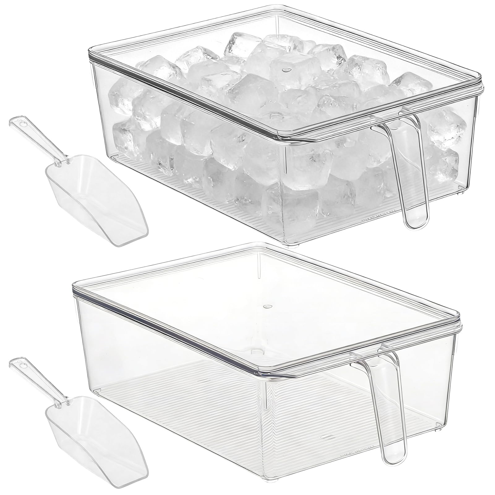 2 Set Large Ice Bin for Freezer with Lid and 2 Scoop Set, Plastic Freezer Ice Bin with Pull-Out Handle Clear Storage Bucket Kitchen Food Storage Organizer for Home Office Fridge Kitchen Clear-B