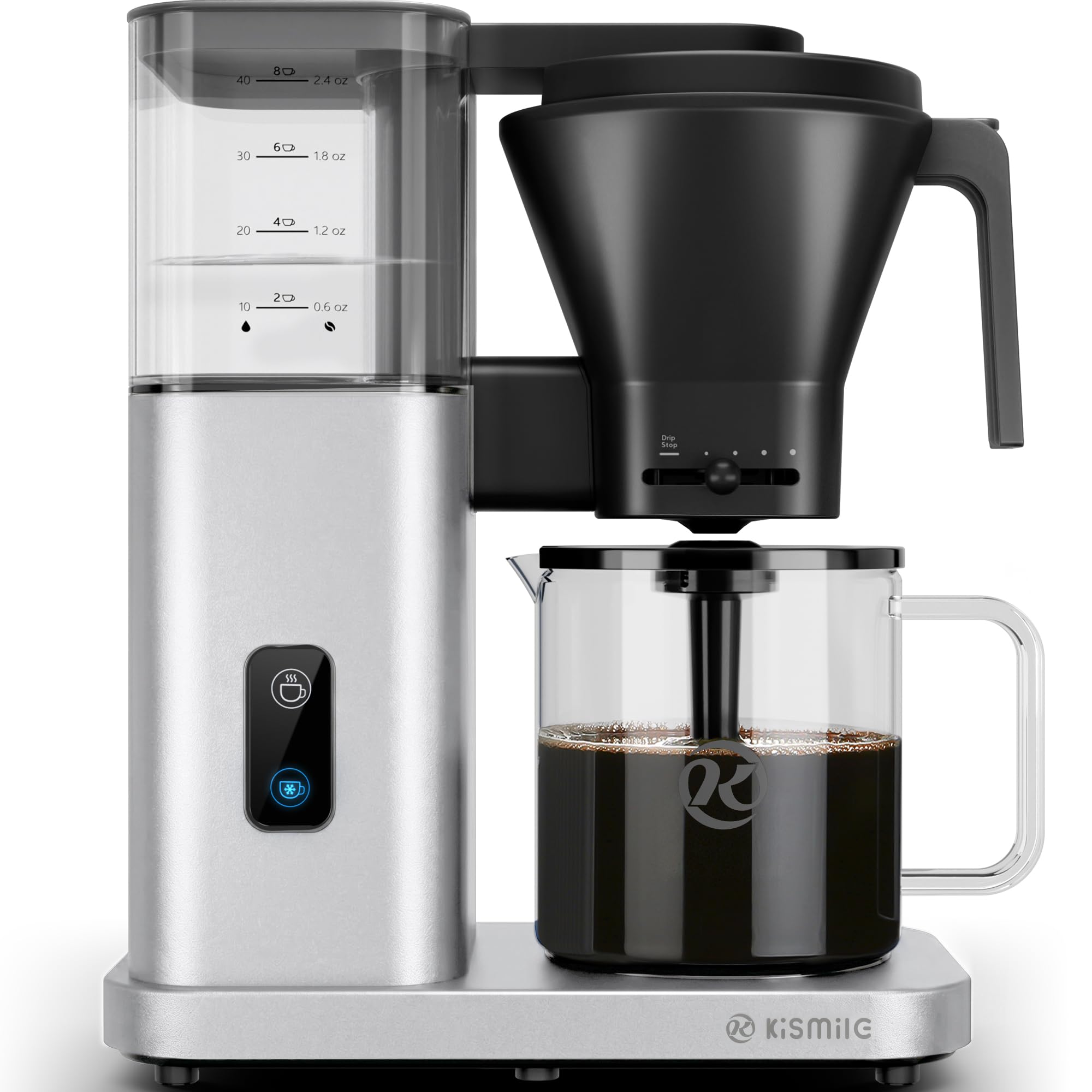Kismile SCA-Certified 8 Cup Drip Coffee Maker, Pour Over Coffee Machine with 3s Instant Heat 197–205℉, Adjustable Flow Control, Removable Water Tank, Deep Cold Brew & 40 Min Keep Warm (Silver)