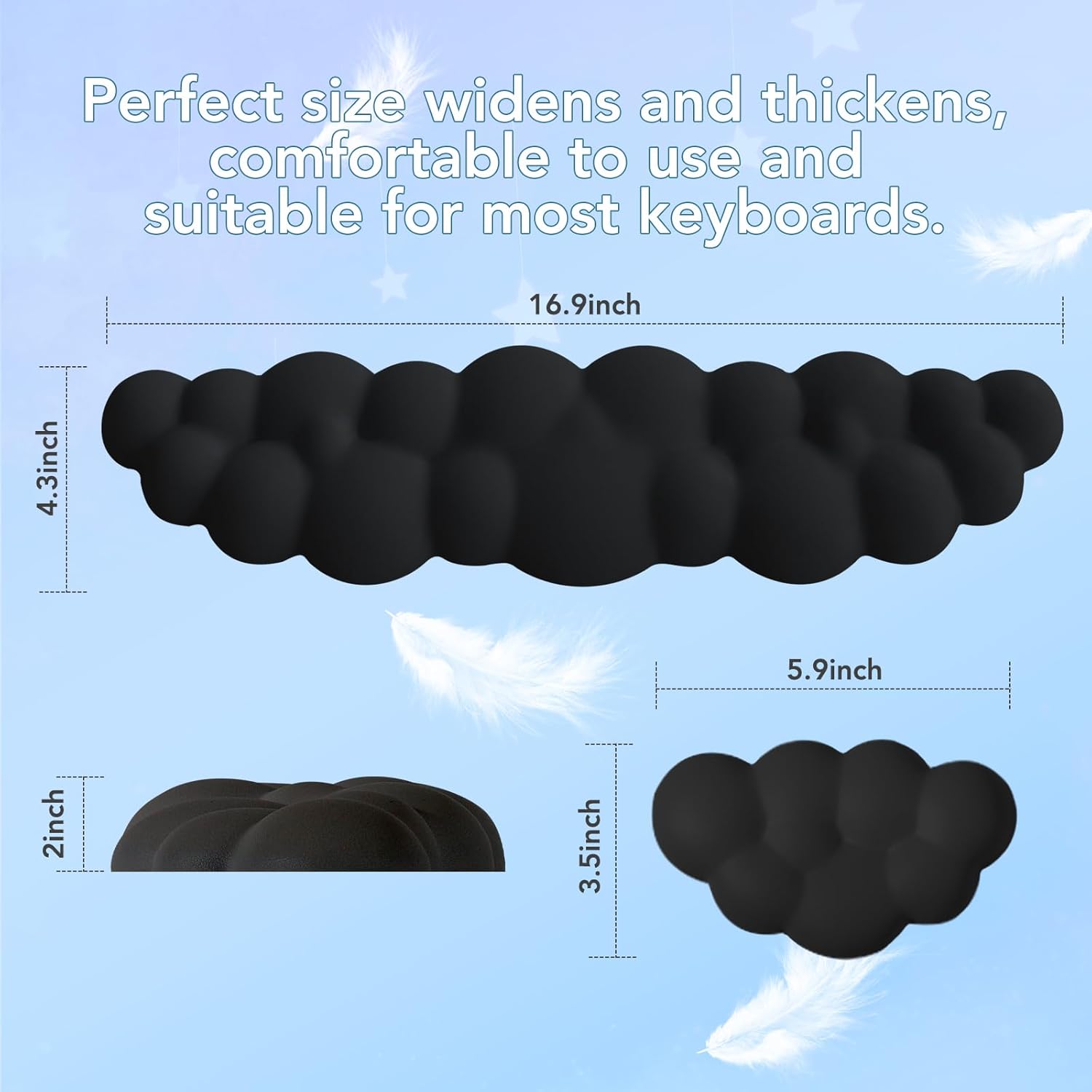 Cloud Wrist Rest for Computer Keyboard, Ergonomic Wrist Pad Palm Rest with Non-Slip Base, Gamer Gifts, Memory Foam Wrist Support for Office, Gaming,Typing, Portable & Washable(Black, Full Size)