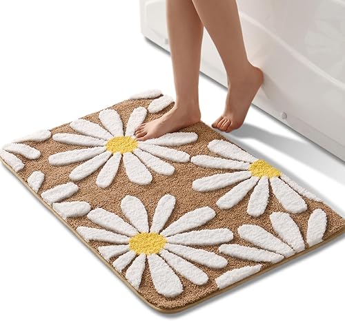 Miniatura 16 de QJHOMO Alfombra de baño beige con diseño de margaritas, decoración de flores blancas y amarillas, alfombra antideslizante de microfibra, súper