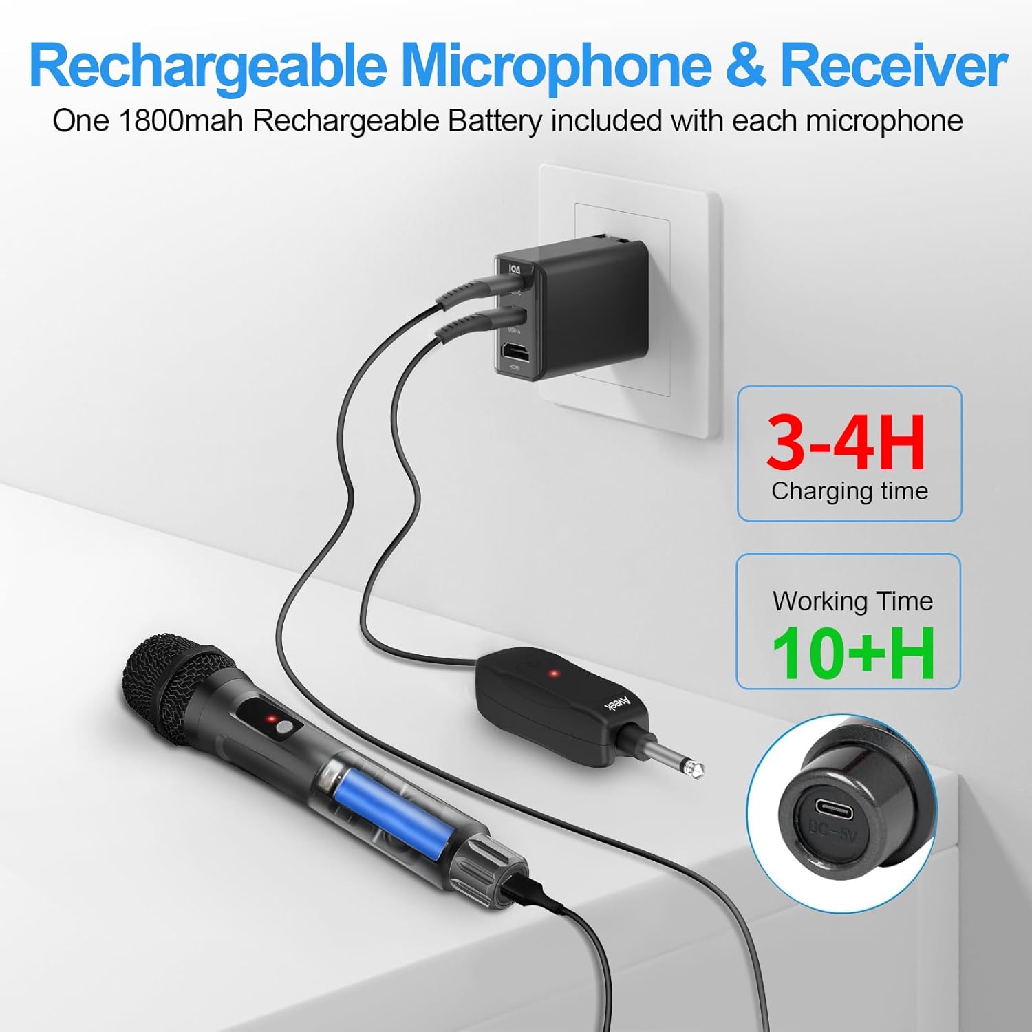 Aveek Wireless Microphone for Karaoke, Professional Handheld Microphone for Singing with Rechargeable Receiver, Cordless Karaoke Mic for Speaker, Pa System, Dj, Party, Speech(2pcs)