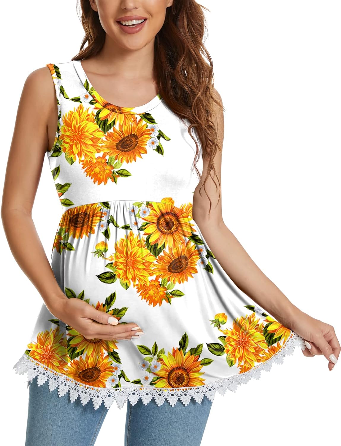 Xpenyo Womens Maternity Tank Top Sleeveless Lace Crochet Trim Peplum Cami Shirts - Image 2