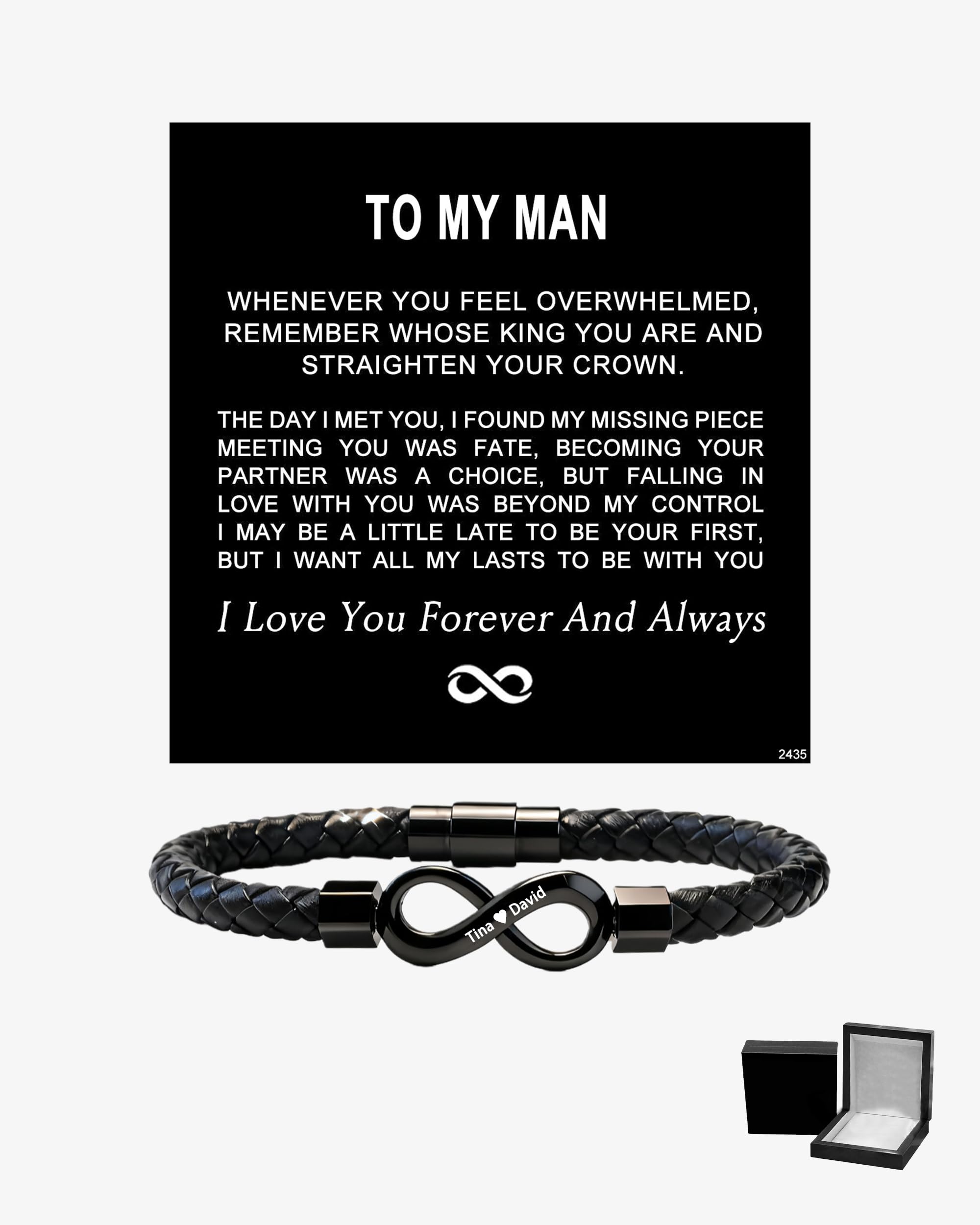 To My Man,Personalized Dual Name Infinity Leather Bracelet,Personalized Custom Name Stainless Steel Bracelet Valentine Birthday Christmas Gifts for Him