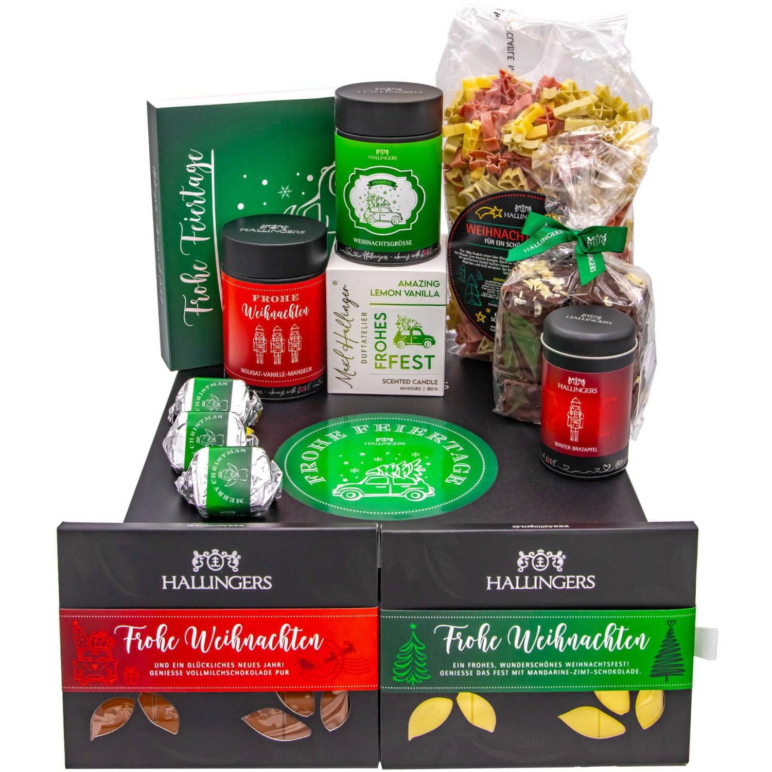 Hallingers Genuss Manufaktur Feinkost Weihnachts-Geschenk-Set - XXL-Geschenkkorb "Frohe Feiertage" große Selektion Pralinen, Nougat, Tee, Duftkerze, Pasta, Lebkuchen & mehr, Weihnachten für Frauen