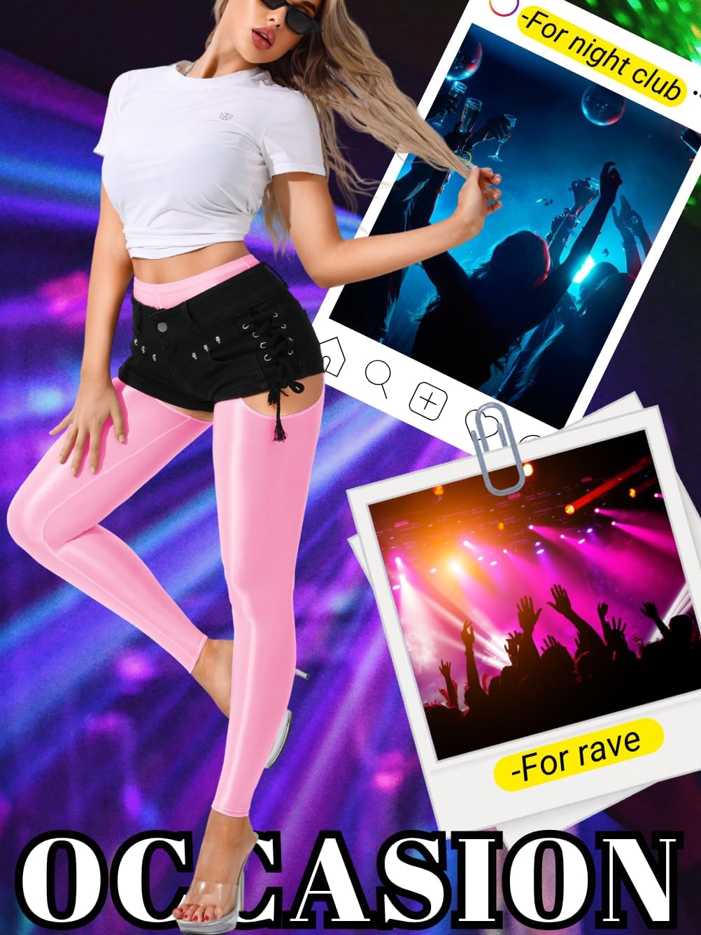 ChiaoLezhee Sexy Shiny Leggings For Women, Sheer High Waisted, Shimmer Sparkly Glossy Rave Party Pants Suspender Pantyhose
