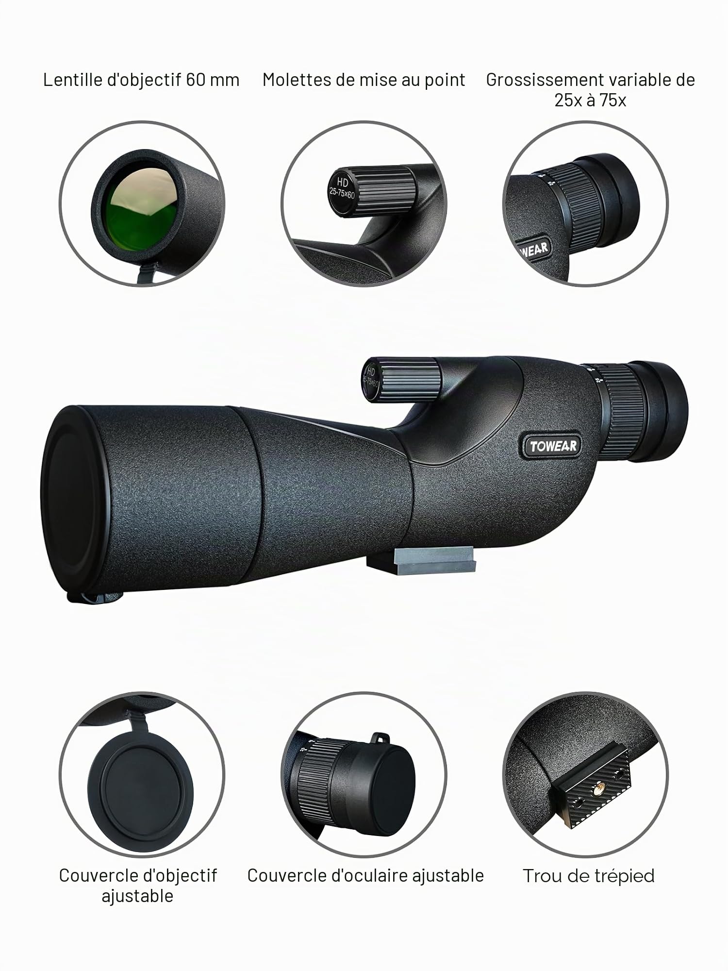 Télescope monoculaire à grossissement élevé HD 25-75 x 60 Multiplicateur variable Low Light Vision nocturne pour tir à la cible, chasse, observation des oiseaux, faune, paysage