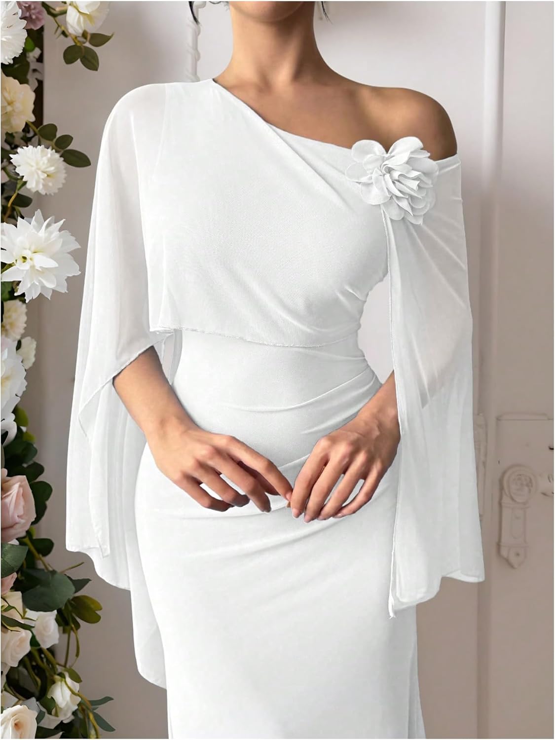 MakeMeChic Women's Wedding Guest Dresses Formal Off The Shoulder Dress Long Cape Sleeve Cocktail Evening Maxi Dress - Image 4