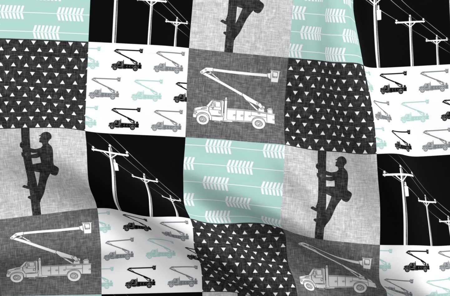 Spoonflower Fabric - Patchwork Bucket Truck Lineman Utility Powerline Powerlines Printed on Upholstery Velvet Fabric Fat Quarter - Upholstery Home Decor Bottomweight Apparel