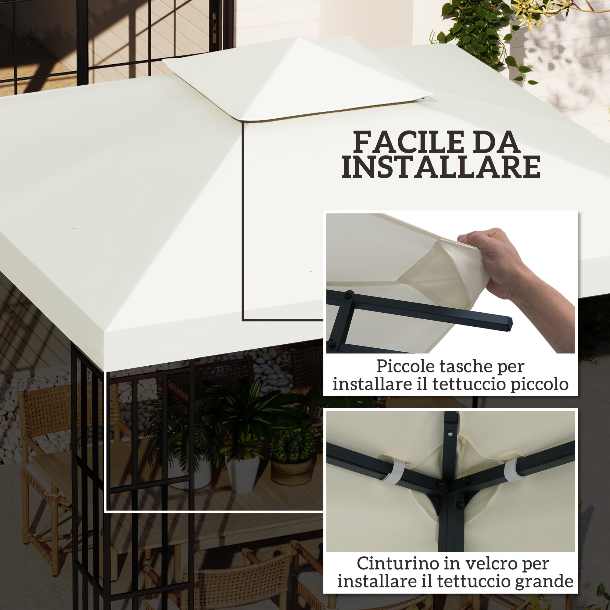 Outsunny Telo Gazebo 3x3 m a 2 Livelli in Poliestere Resistente, Copertura Gazebo 3x3 con 8 Fori di Drenaggio e Cinghie in chiusura a strappo, Crema
