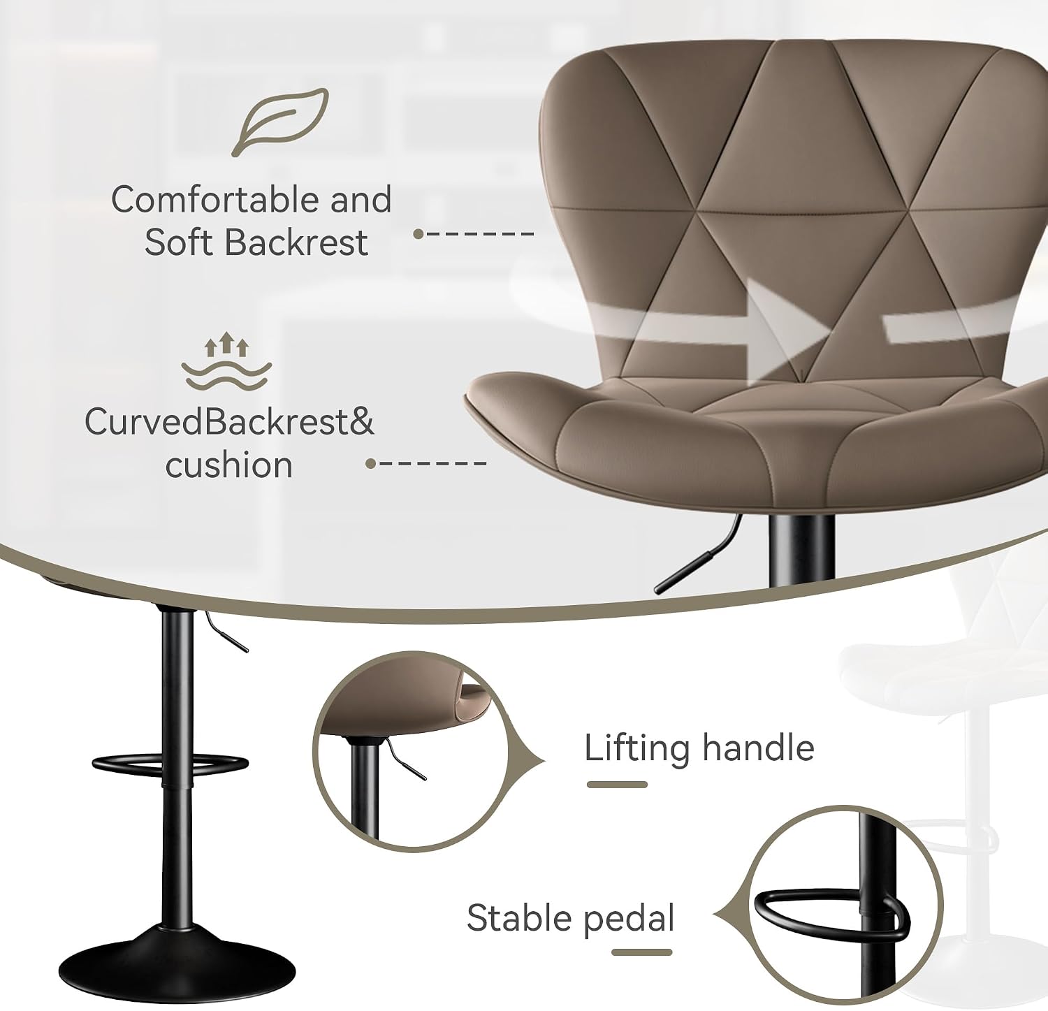 Bar Stools Set of 3,Adjustable Swivel Barstools, Faux Leather Bar Chairs,Upholstered Counter Height with High Backrest for Kitchen Island, Dark Khaki