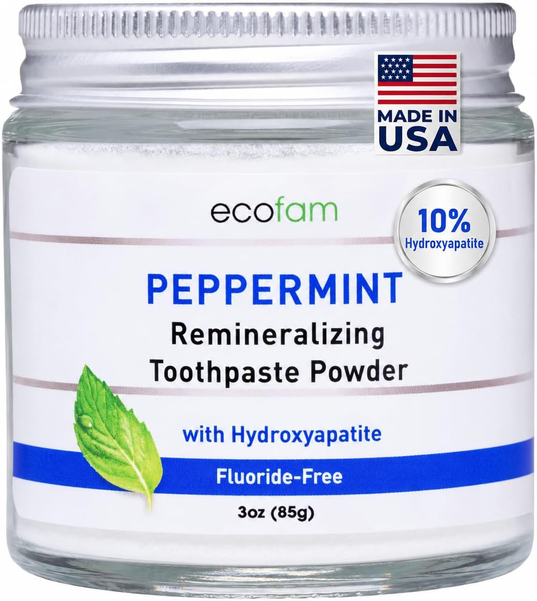 Ecofam Toothpaste Powder - Remineralizing Tooth Powder, Hydroxyapatite and Xylitol, Fluoride Free, Supports Enamel Strength & Gum Health - Peppermint