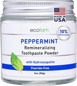 Ecofam Toothpaste Powder - Remineralizing Tooth Powder, Hydroxyapatite and Xylitol, Fluoride Free, Supports Enamel Strength & Gum Health - Peppermint