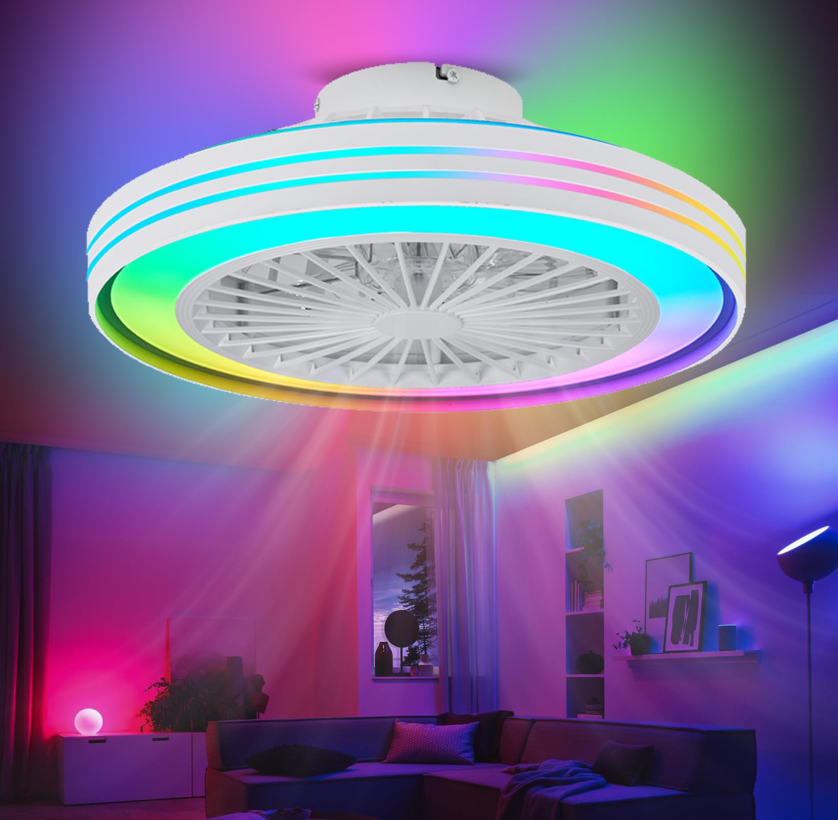 SXDMOUBK 48cm Round Ceiling Fans with Lights,Silent,Reversible,Fan Lights Ceiling for Bedroom,6 Speeds,RGB Ceiling Fan,Timer with Remote Control,Reversible Memory,Dimmable,Playrooms Children's Rooms
