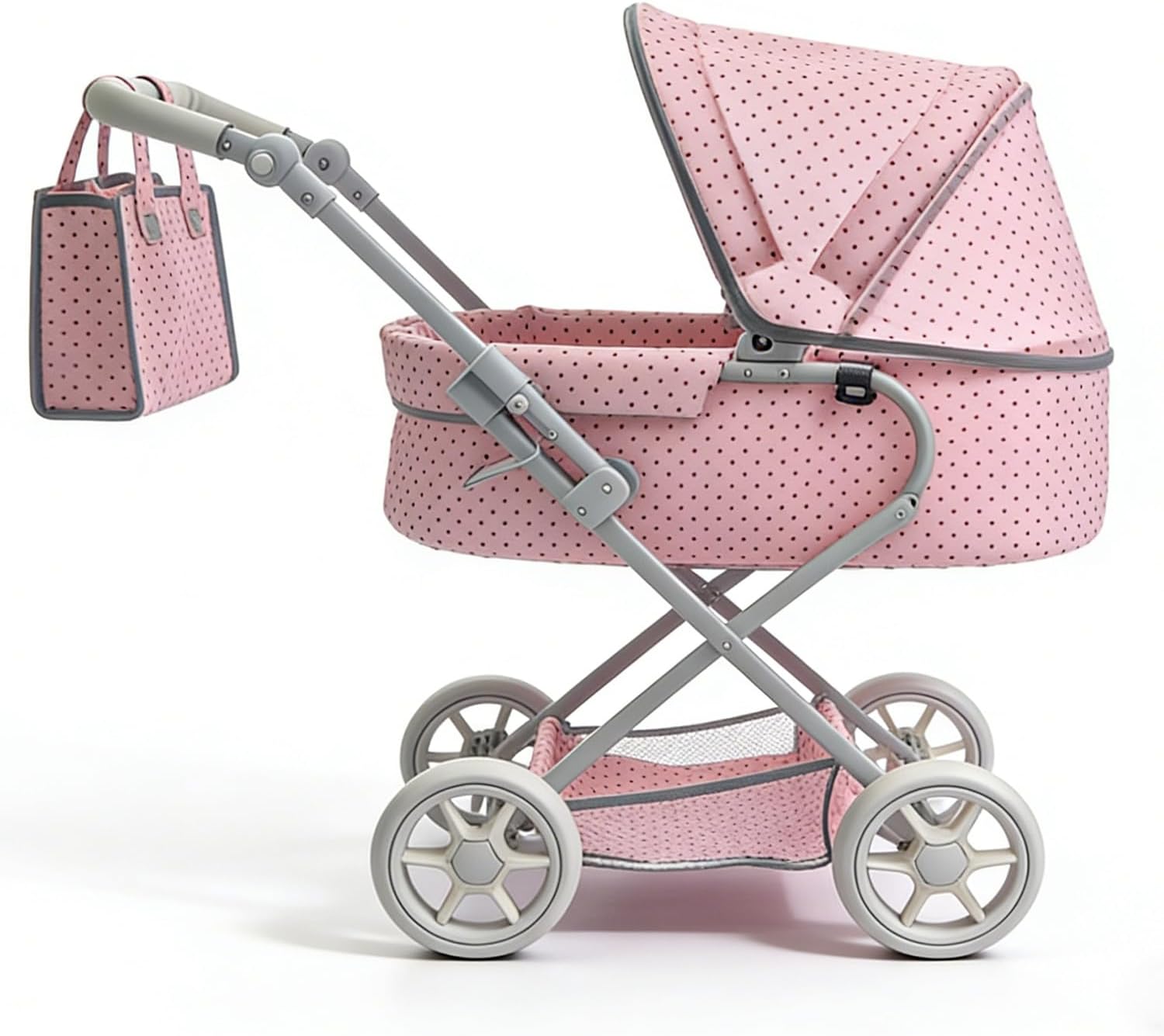Pinky Reborn Baby Doll Pram Stroller with Retractable Canopy, Pink Polka Dot, Adjustable Hood and Handle, Foldable Pushcart Pram with Shoulder Bag, for Dolls up to 22 Inches, Ages 3+