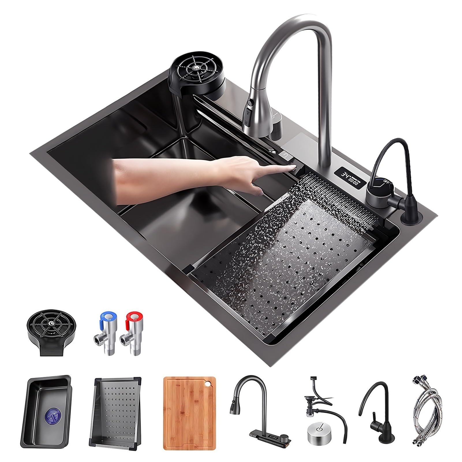 ZQFHSX Smart Waterfall Kitchen Sink With Pull-out Faucet, Cup Washer & Drain Kits, Stainless Steel Workstation Sink, Large Single Bowl Bar For Drop In, Undermount(80x46x22cm)