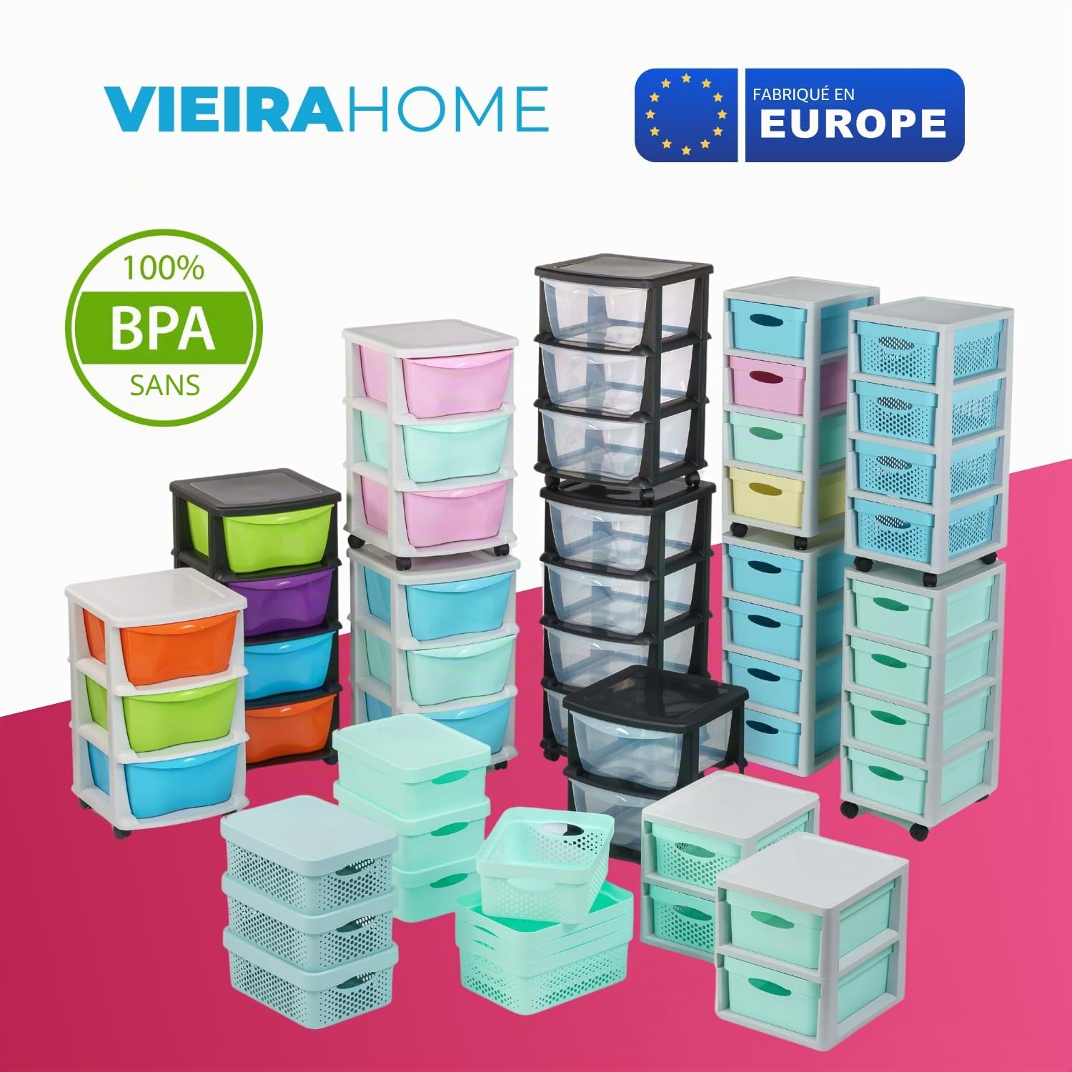 Meuble rangement enfant tour en plastique meuble ecole bac à roulettes boite tiroir empilable jouet bureau chariot a tiroirs colorés - Fabriqué en Europe