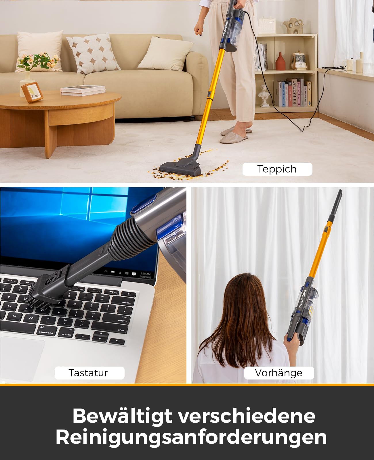 VACTechPro 60KPa/680W/7M Staubsauger, Staubsauger mit Kabel | Mit 800ML Staubbehälter,Stielstaubsauger mit Kabel und ergonomischem Doppelgriff,speziell für Hartböden