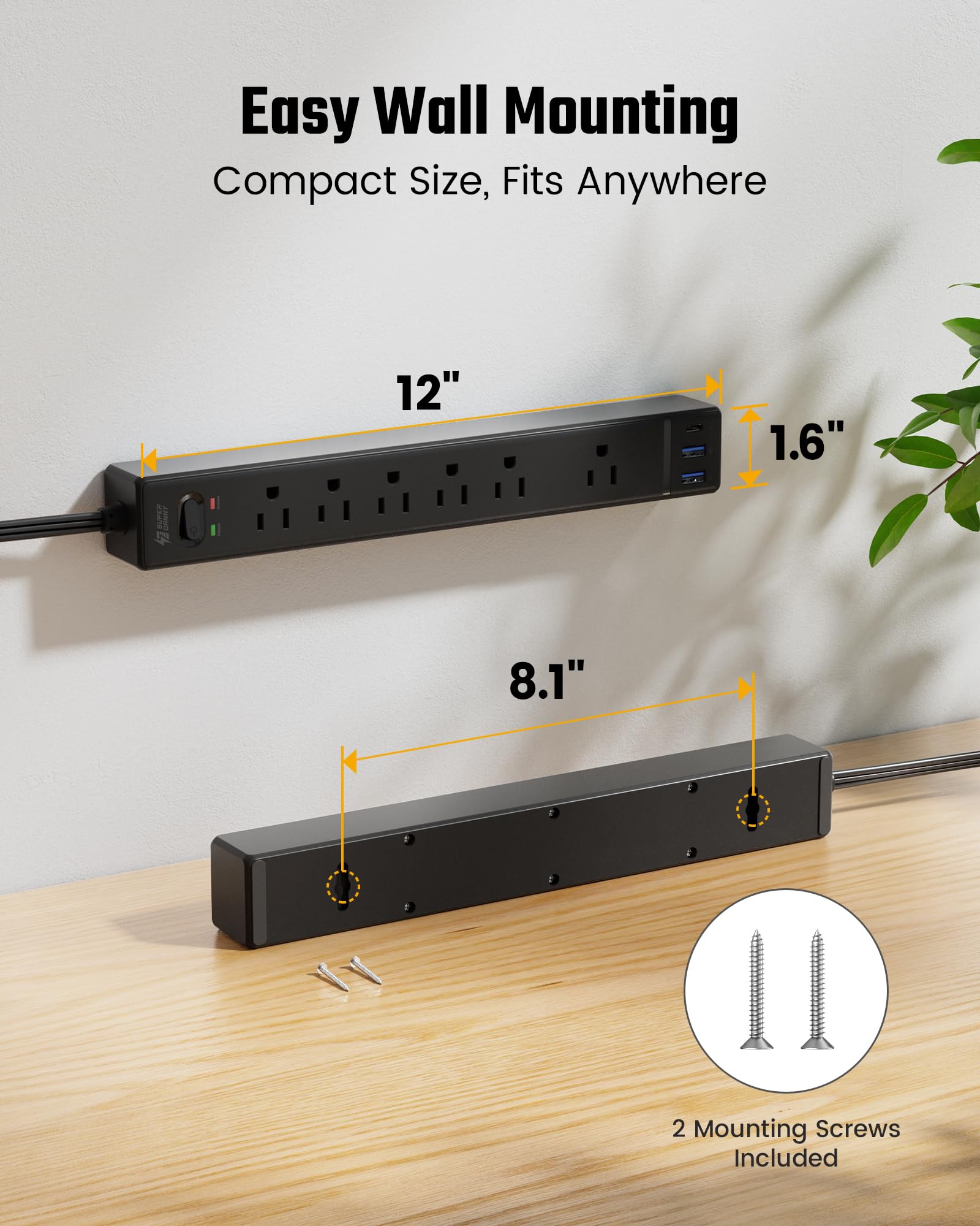 SUPERDANNY - Cable alargador de 3 m con múltiples tomas de corriente, enchufe plano, protección contra sobretensiones con 3 puertos USB y 6 enchufes, cable de 3 m, base de carga negra para