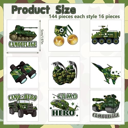 Miniatura 3 de 144 hojas de tatuajes de camuflaje camuflaje del ejército recuerdos de fiesta militar tanque helicóptero tatuajes falsos pegatinas para hombres y