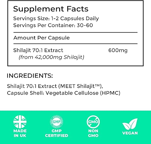 Miniatura 3 de Love Life Supplements Cápsulas Shilajit de alta resistencia, 60 x 600 mg de resina Shilajit de 42,000 mg, suministro de 2 meses, extracto 701, 60%