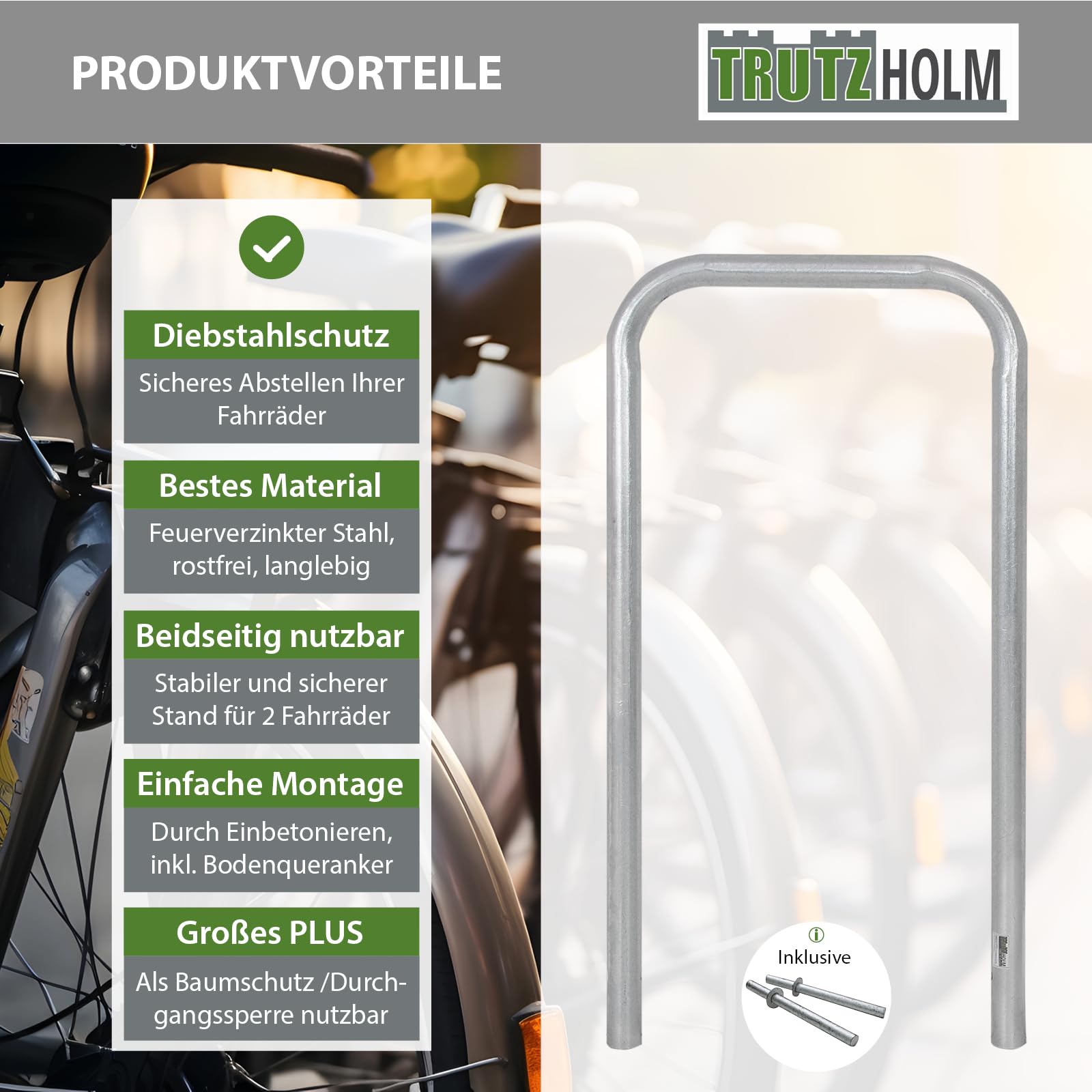 TRUTZHOLM Fahrradanlehnbügel 115x58 cm Stahl feuerverzinkt und rostfrei Ø 48 mm zum Einbetonieren Fahrradparker Parker Anlehnbügel doppelseitige Nutzung für 2 Fahrräder