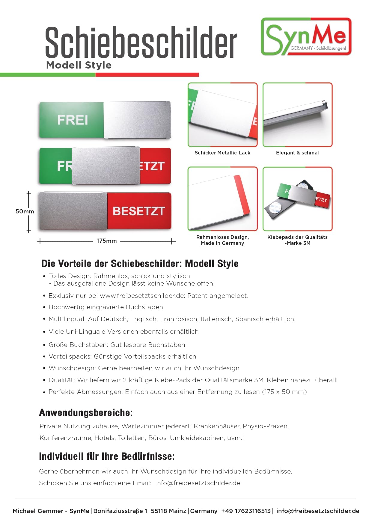 Letrero libre/ocupado Estilo: elegante en negro – 175 x 50 mm – Diseño fabricado en Alemania – Texto grabado – Cartel sin marco con empujador de metal – 2 almohadillas adhesivas de la