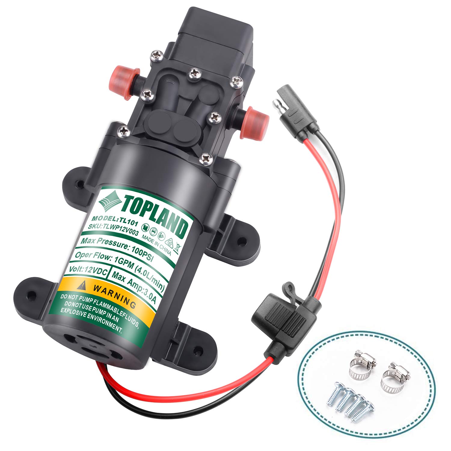TOPLAND 12V Portable Diaphragm Water Pump with Safety Accessories Pressure Self-Priming