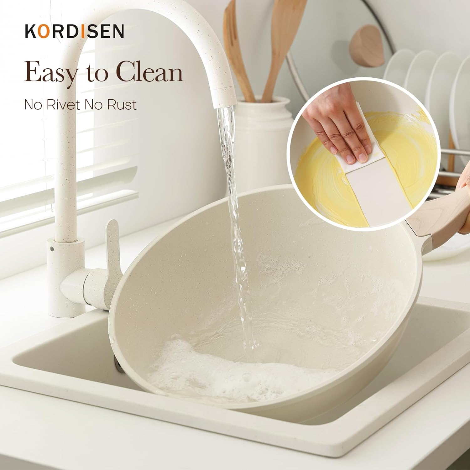 Kordisen Nonstick Wok with Lid, 12 Inch Woks & Stir-fry Pans, Healthy Coating Induction Cookware, Compatible with All Stovetops, PFOA Free (Cream White)