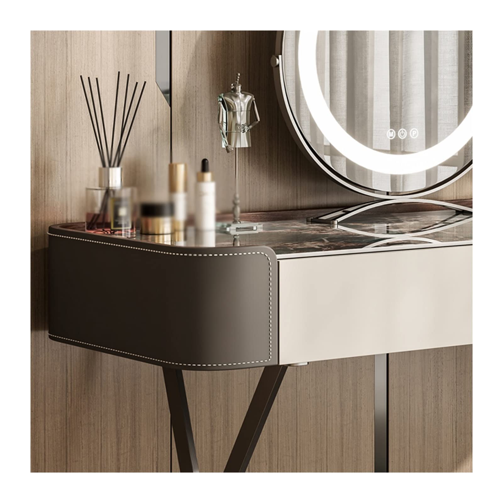 Set di tavolo da trucco minimalista dorato con specchio e sgabello, elegante armadietto portaoggetti dal design semplice per camera da letto e toeletta, dimensioni 80 cm, perfetto per gli amanti del