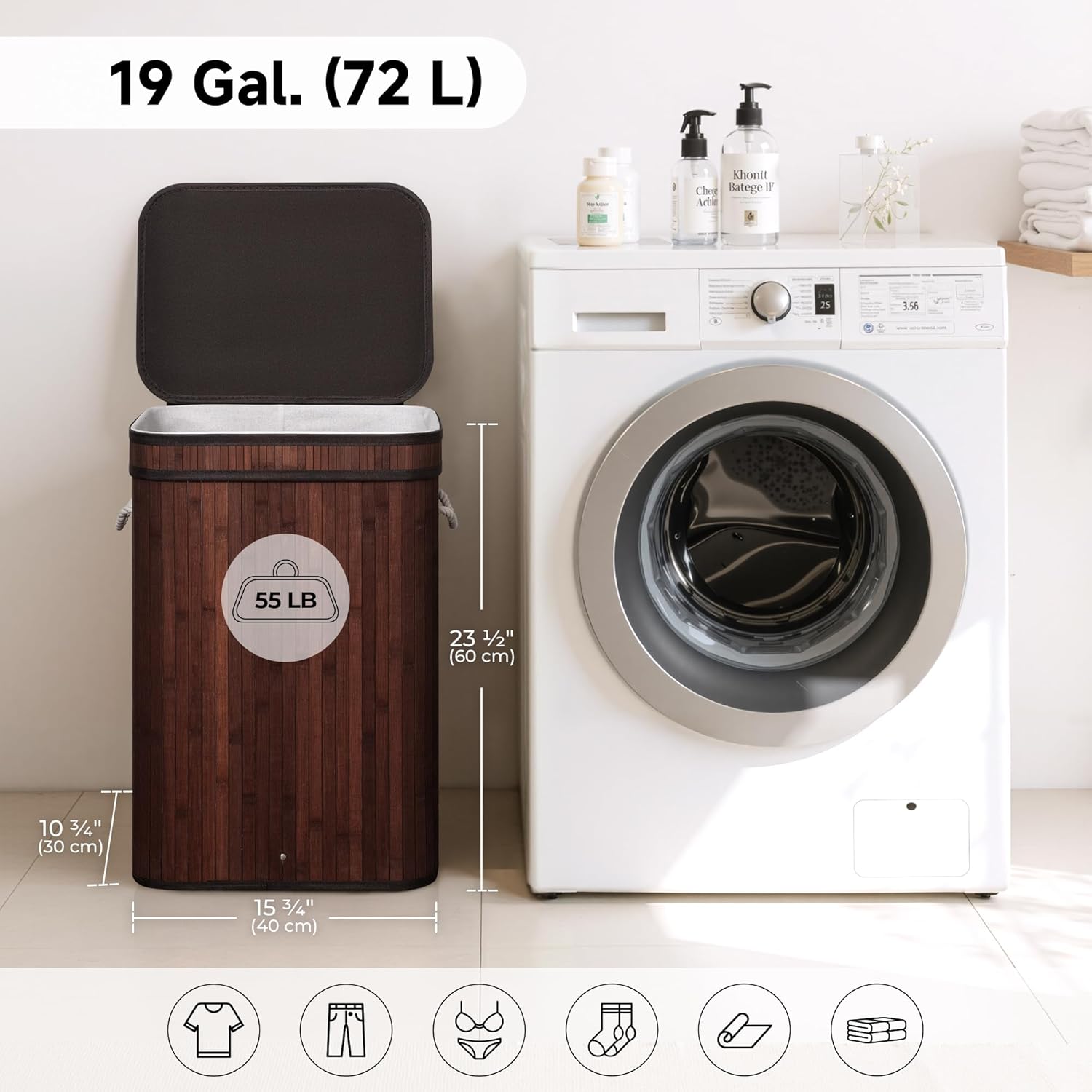 StorageWorks Laundry Hamper with Lid, Foldable Bamboo Laundry Basket, Clothes Hamper with Handles, Organizer and Storage for Laundry Room, Bedroom, Dorm, Brown