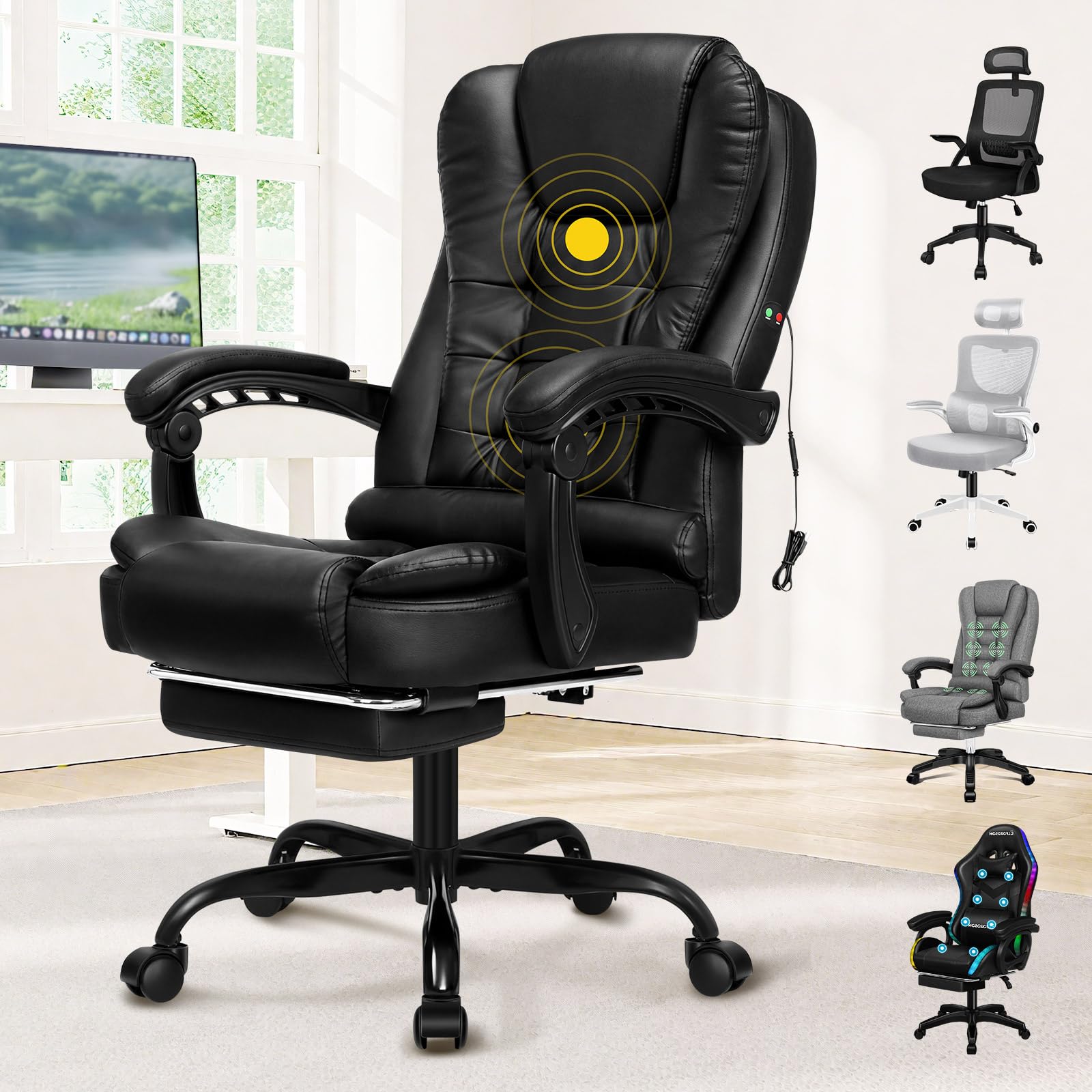 ALFORDSON Massage Chefsessel Bürostuhl ergonomischer Drehstuhl Ausziehbare Fußstütze, höhenverstellbarer Schreibtischstuhl 150°-Neigung, Computerdrehstuhl,belastbar 180 kg,PU-Leder Schwarz