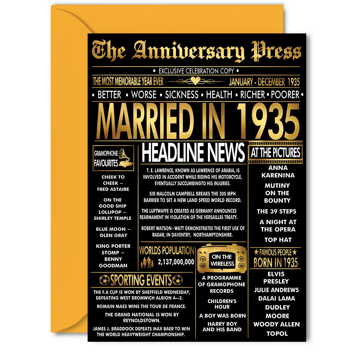 Gold 91st Anniversary Card for Women Men - Golden Newspaper Married in 1935-91 Year Wedding Anniversary Card for Husband Partner Wife Companion, 5x7 Inch Anniversaries Greeting Cards