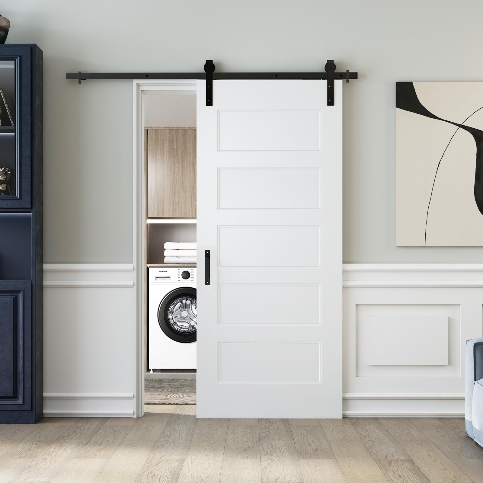 jubest 36"x84" sliding barn door, 5-panel white primed hollow core interior molded door slab with 6ft hardware kits & handle, preassembled panels with paintable surface, durable & sturdy(no hardware included)