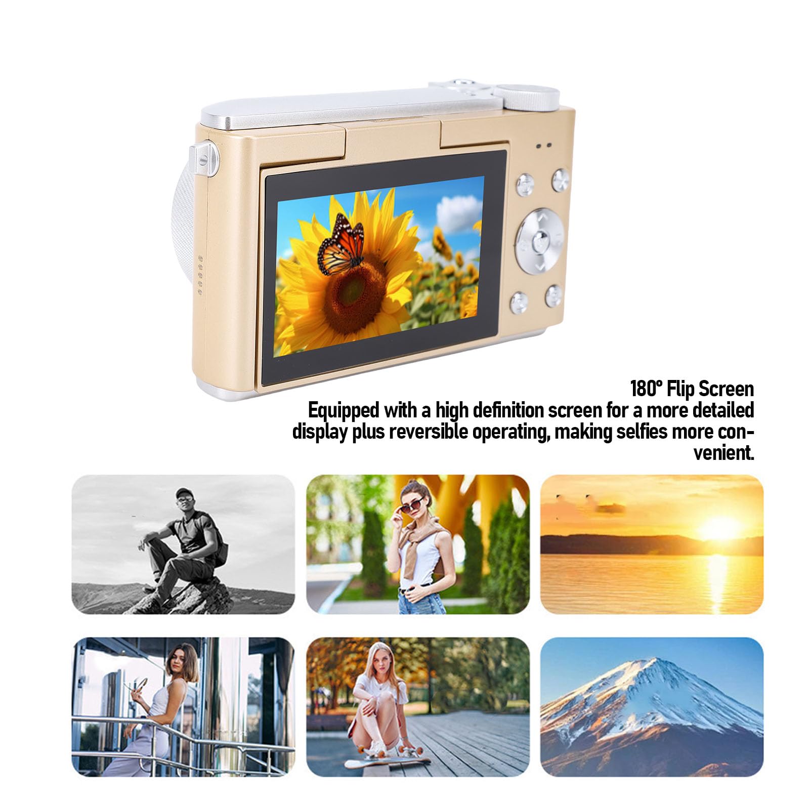 Bewinner Camera Digitale 4K per Fotografia e Video, Fotocamera da Vlogging AutoFocus 64MP con Schermo di Lancio da 3 Pollici a 180 °, Fotocamere Zoom Digitali 16x per Principianti (GOLD)