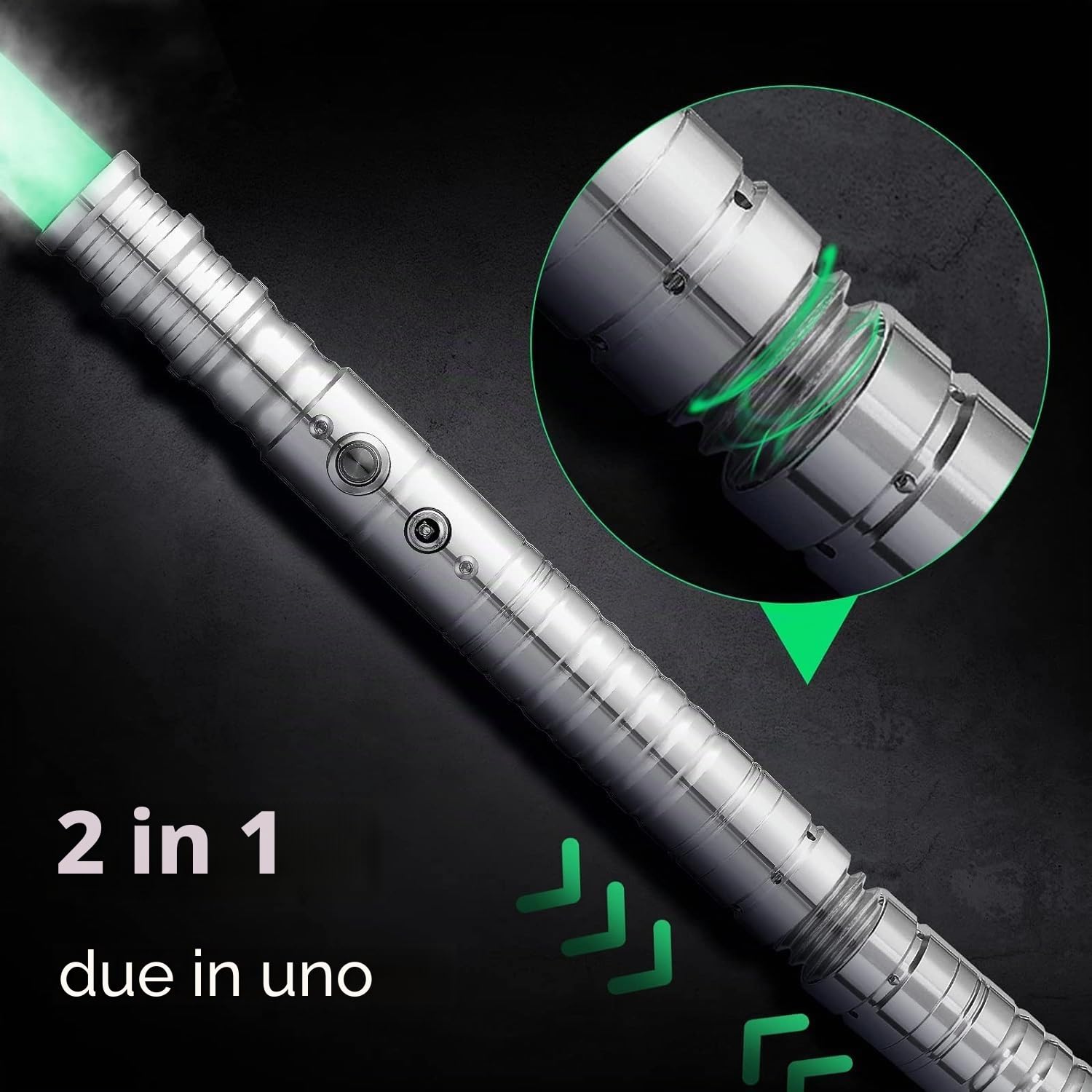 Spada Laser, 12 modalità RGB, Giocattolo Spada Laser a 15 Colori Ricaricabile con LED avanzati ed Effetti sonori (Argento)