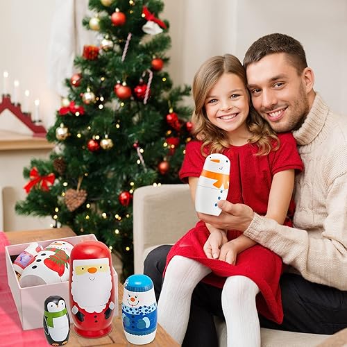 Miniatura 4 de Muñecas anidables de Navidad, 2 juegos de muñecas rusas de madera, hechas a mano, lindas muñecas Matryoshka, muñecos de Navidad, muñeco de nieve,