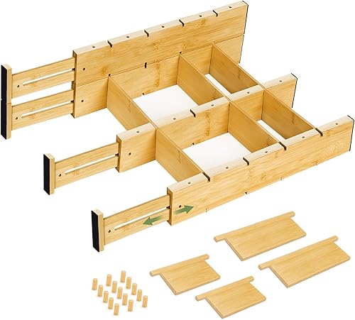 Separadores de cajones de bambú, 4 piezas con insertos, organizadores de cajones de utensilios de cocina expandibles, organizador de cajones