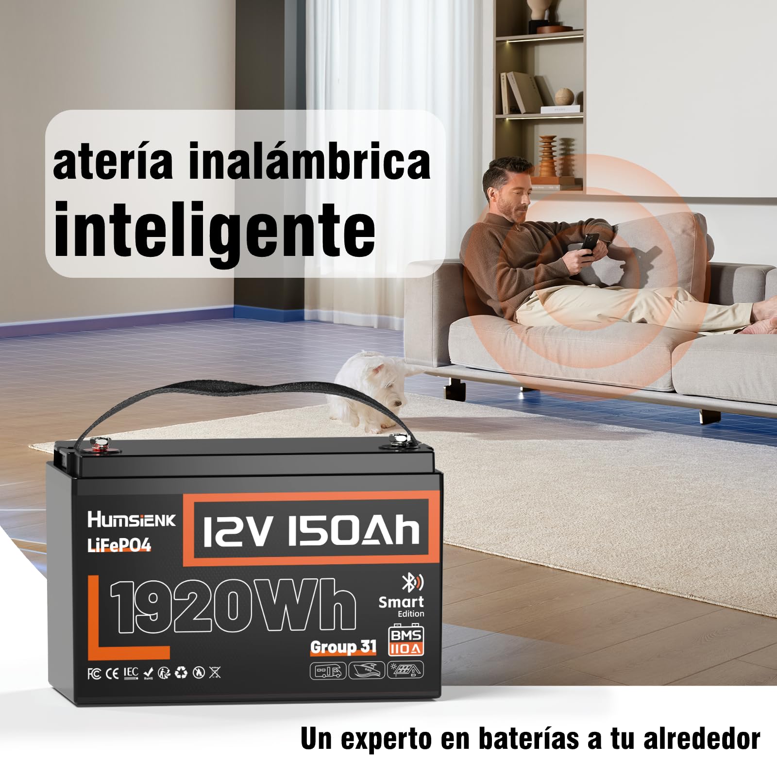 Batería Litio 12V 150Ah con Bluetooth,Bateria LiFepo4,BMS Inteligente de 110A,4.000–15.000 Ciclos Profundos de 12 V 1920 WH Recargable,Protección Baja Temperatura—para Solar,Autocaravana (RV)
