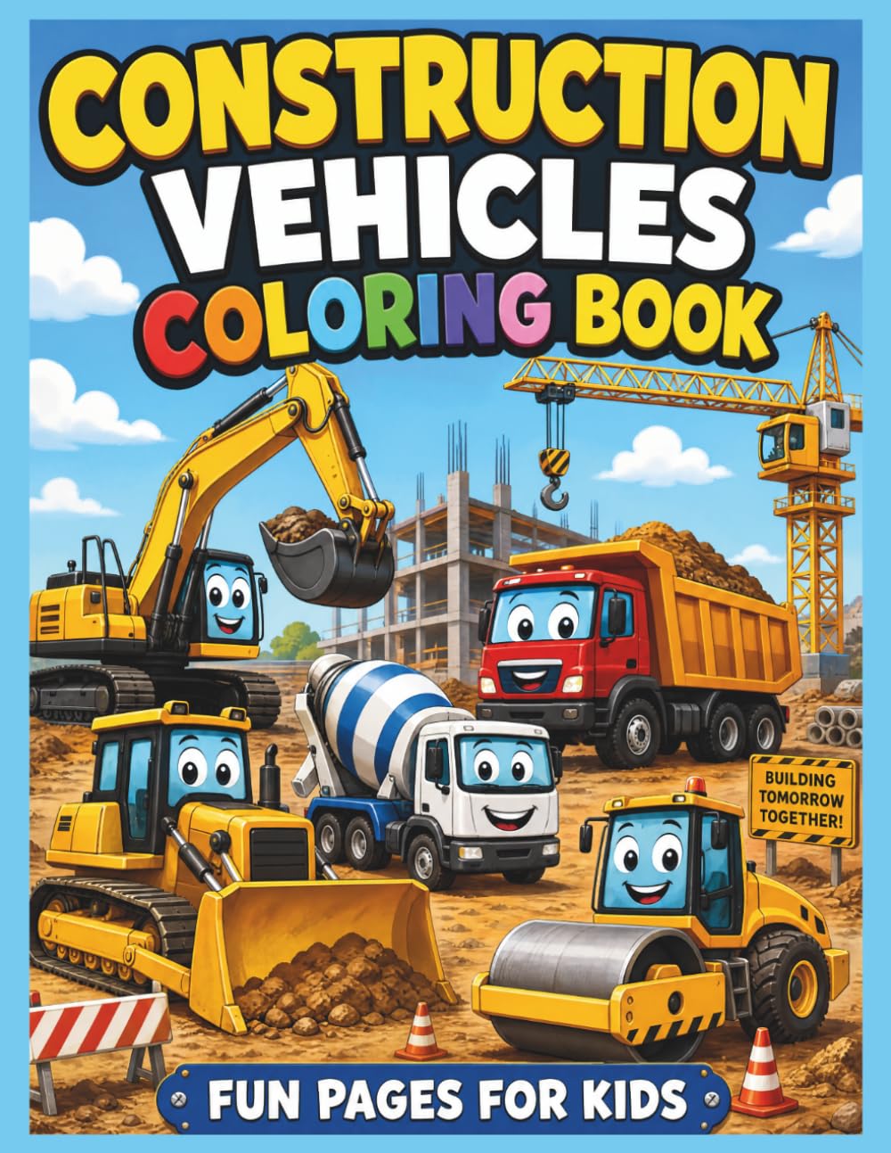 Construction Vehicles Coloring Book for Kids: 30 Fun and Easy Coloring Pages Featuring Bulldozers, Excavators, Dump Trucks, Cranes, Cement Mixers, Forklifts, and More