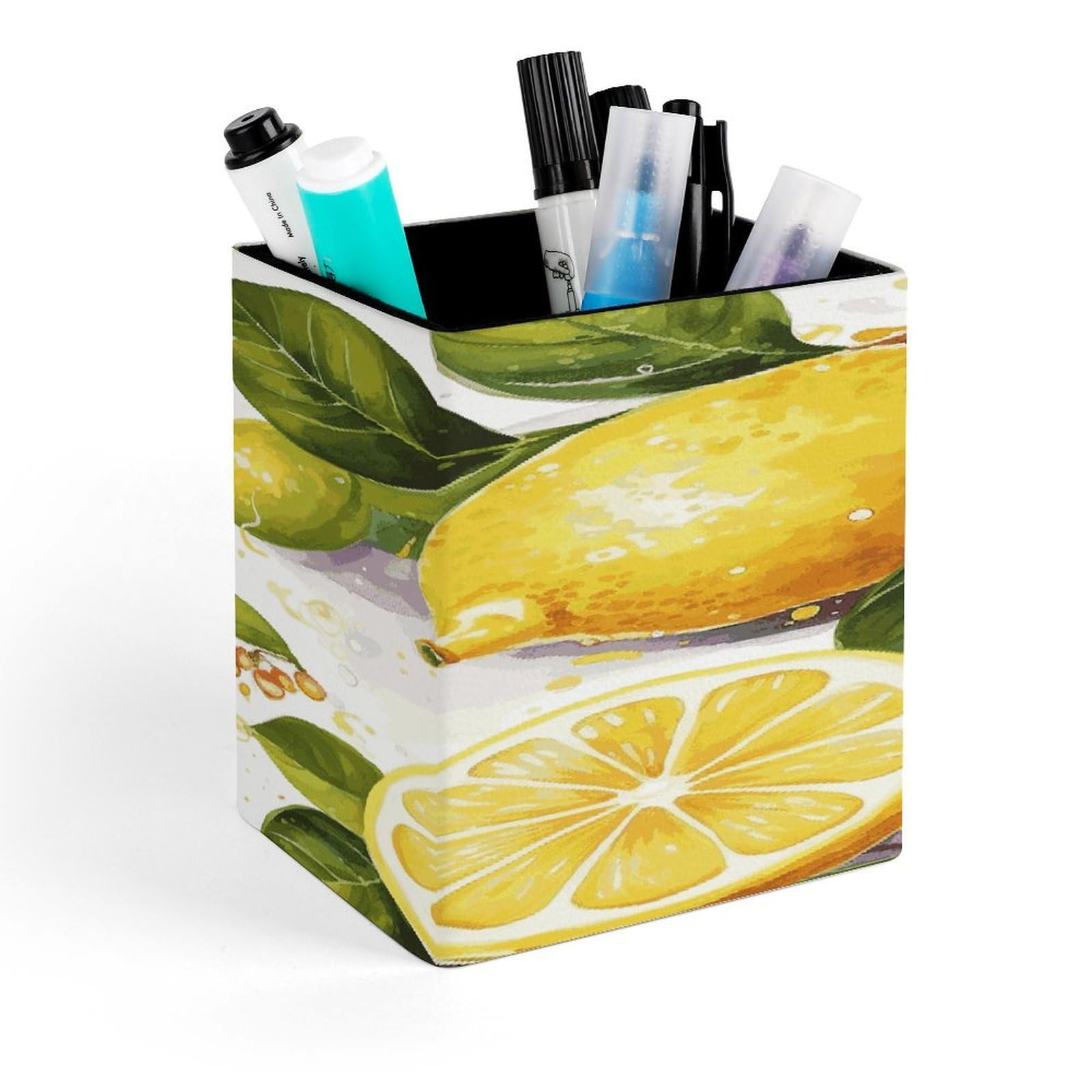 JTREHY - Lemon Pen Holder Square Pencil Holder PU Leather Stationery Organizer Office Accessories Container Box