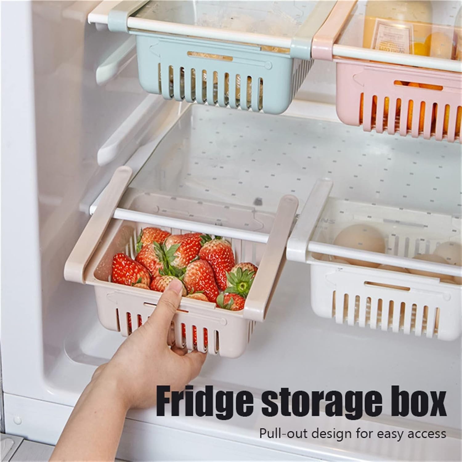 2pcs Fruit Eggs Container for Refrigerator, Plastic Fridge Organizer Slide Under Shelf Drawer Box Rack Holder Refrigerator Drawer (Color : Beige)