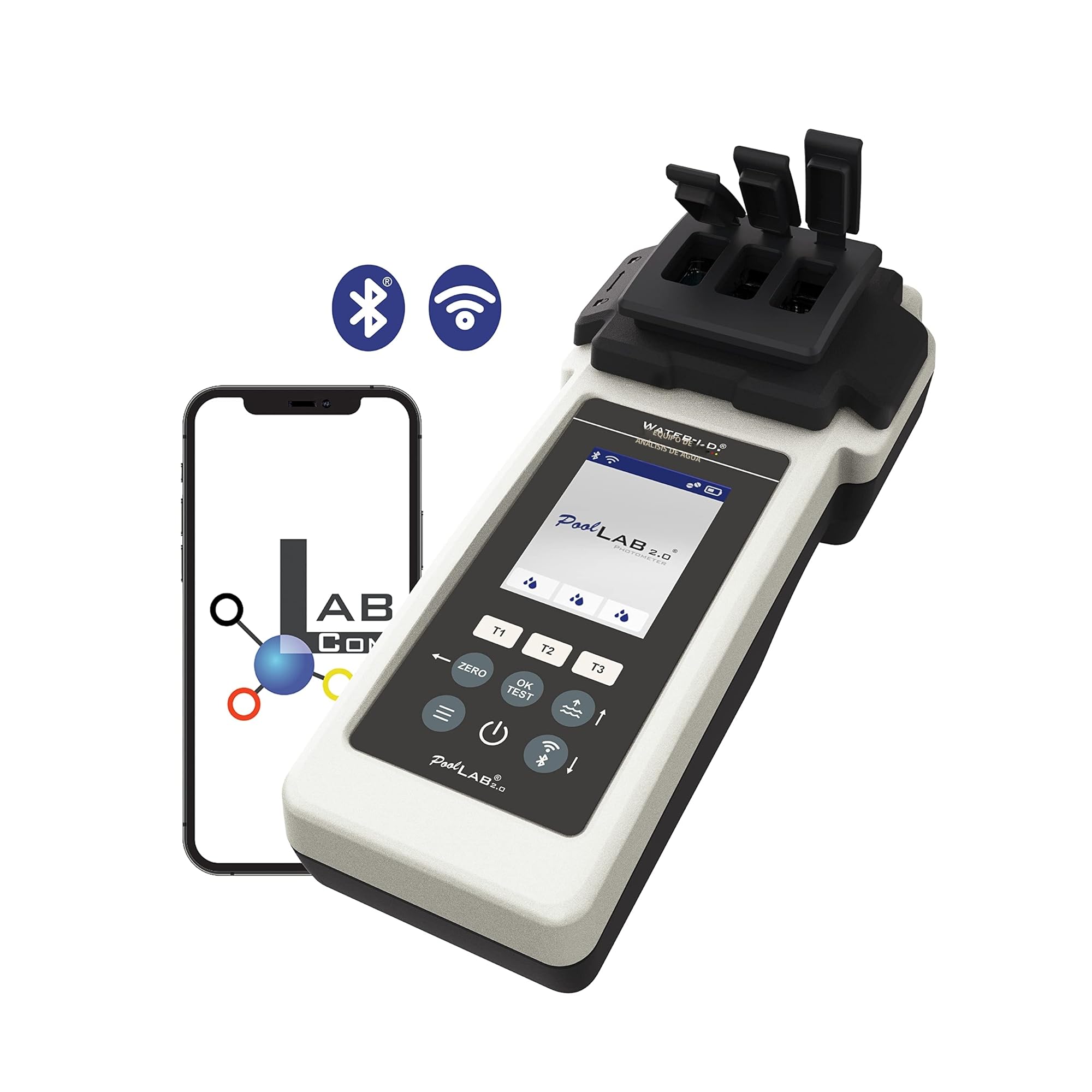 PoolLab 2.0 - Fotómetro electrónico con 3 cámaras de medición, 24 parámetros de agua y 70 pastillas de prueba, ideal para análisis profesional de agua de piscina y spa