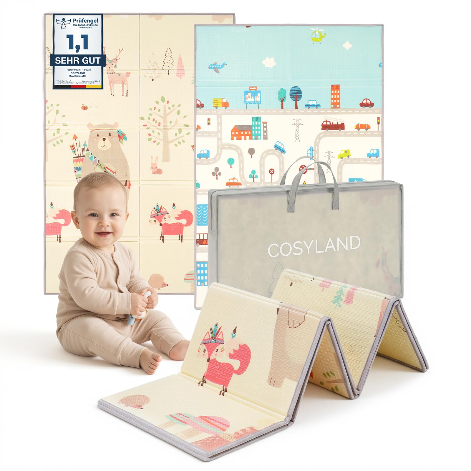 COSYLAND Krabbelmatte Baby Faltbar 120x180x1cm - Doppelseitige XPE Spielmatte Baby mit Dickem Bär & Autostadt Motiven, Weiche Babymatte Spielteppich für Kinder, Babygeschenk