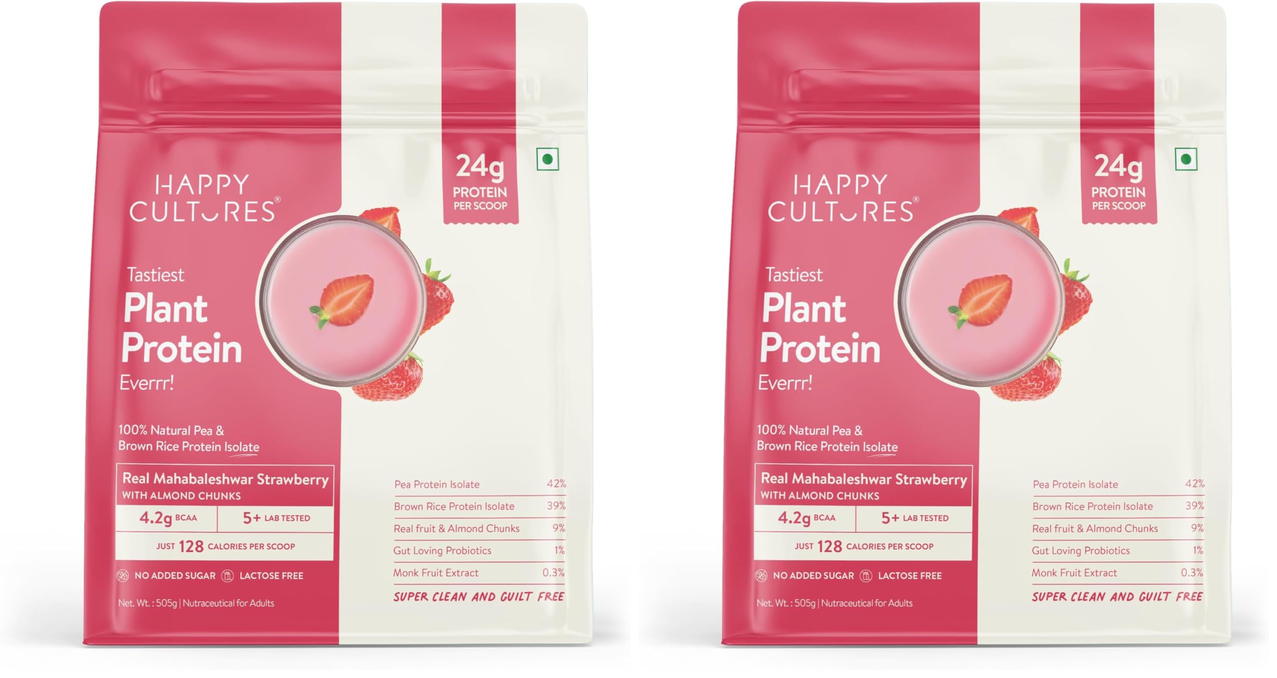 Happy Cultures 24g Tastiest Plant Protein| Mahabaleshwar Strawberry & Almond Chunks| No Added Sugar| Pea & Brown Rice Protein Isolate| Vegan| 18 Complete Amino Acids| Monk Fruit Extract| Women & Men| No Bloating, Easy to Digest| Dairy Free with Probiotics - 505g-image-29