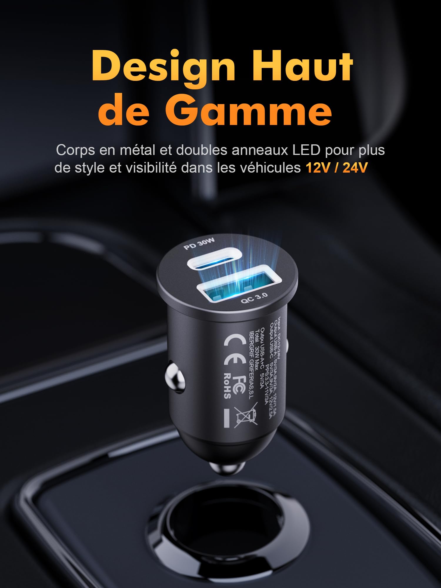 GRIFEMA Chargeur Allume Cigare USB C 30W, Chargeur Voiture Rapide Double Port avec USB-C PD 30W et USB-A QC 3.0 18W, Prise Allume Cigare 12V pour iPhone 16 15 14, Samsung, iPad–Boîtier en Aluminium