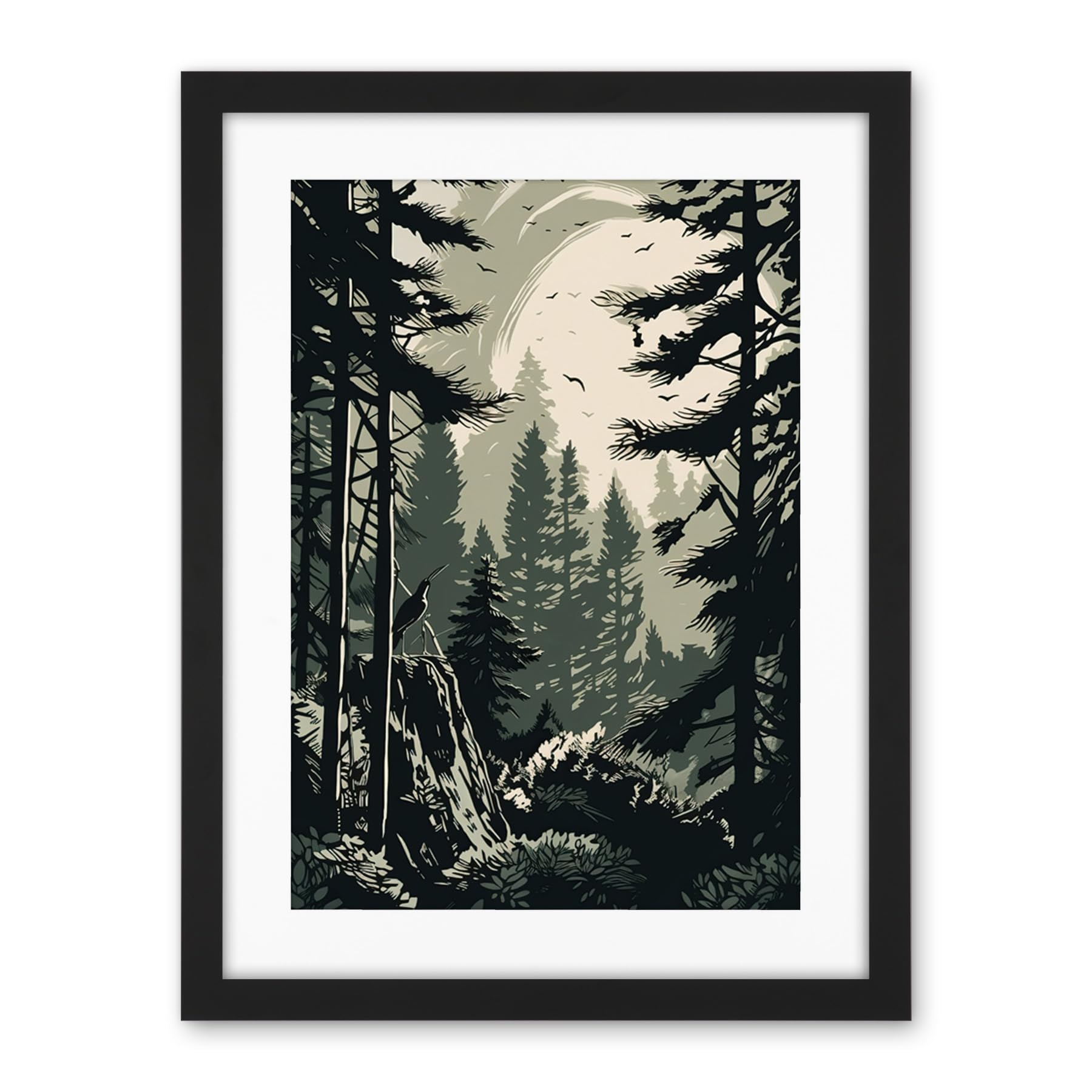 Artery8 Pine Tree Forest Sunrise Landscape Illustration Artwork Framed Wall Art Print 18X24 Inch